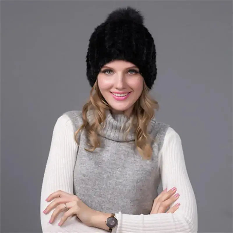 2024 New Genuine Mink Fur Hat Fashion Winter Warm Ball Caps With Copious Female Beanie Knit Cap and Liner 6 Colors BZ-11
