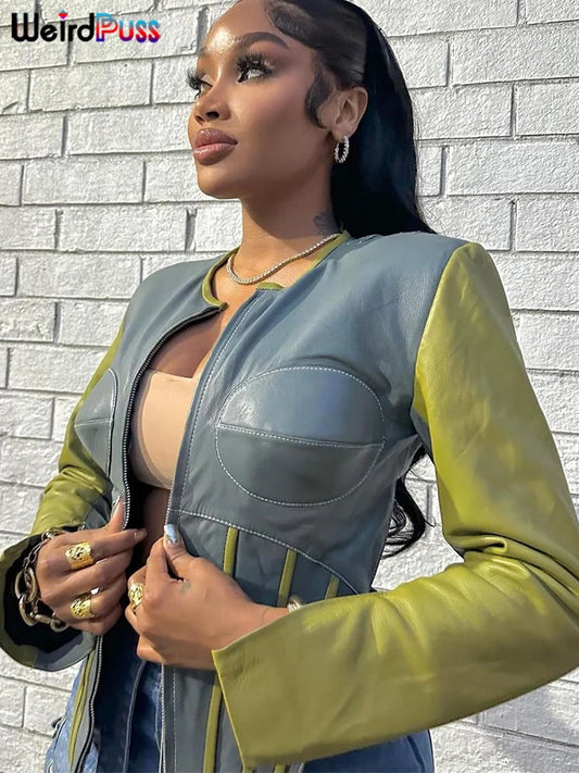 Weird Puss Hipster Patchwork Jacket Women Y2K Faux Leather Irregular Backless Zip Stripe Wild Basic Streetwear Autumn Trend Coat