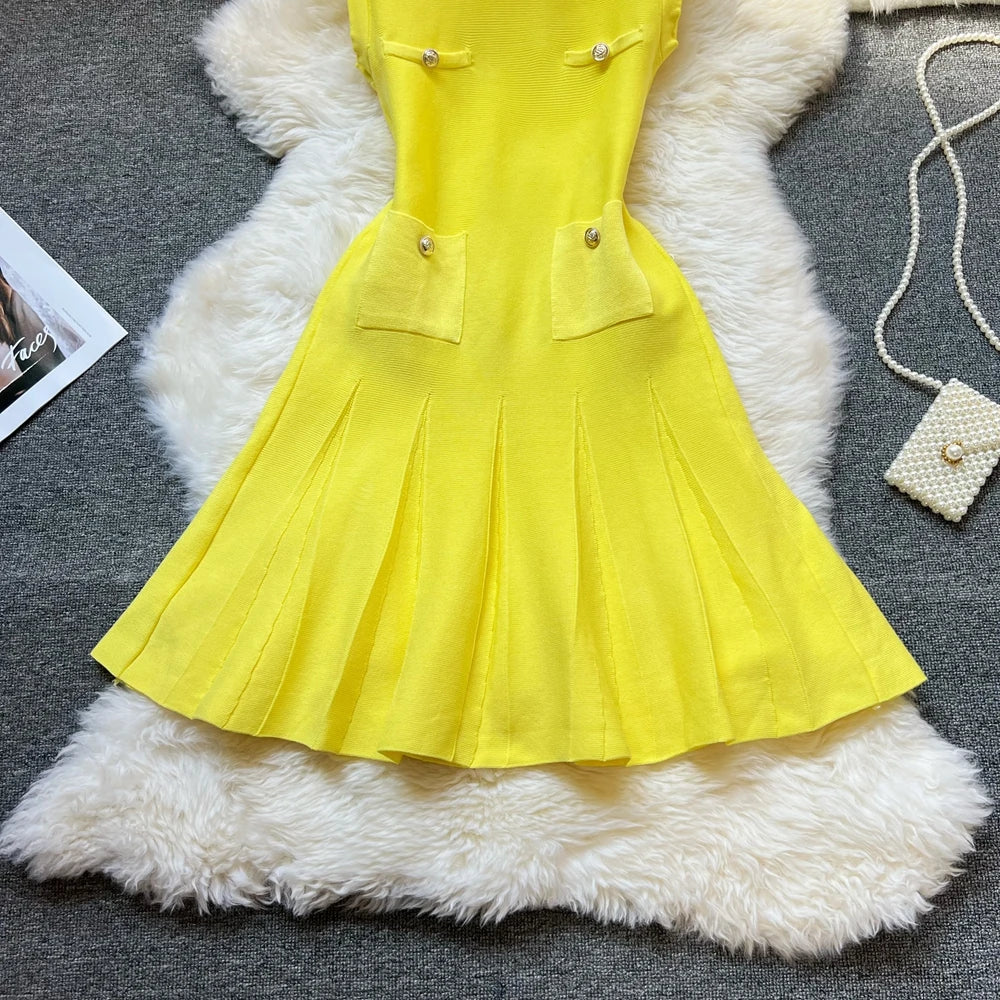 YuooMuoo Chic Fashion 2025 Summer Pleated Short Dress Women O-neck Slim Waist A-line Party Dress Streetwear Lady Outfits Vestido