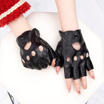 Black Punk Rivet Short PU Leather Half-Finger Gloves Women Hip-Hop Driving Motorcycle Party Cool Girl Handsome Fingerless Mitten