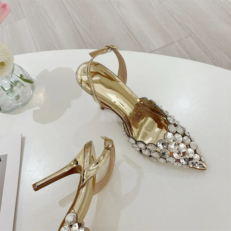 Liyke Elegant Pointed Toe Slingback Stiletto Sandals Crystal Diamonds Women Pumps High Heels Wedding Prom Shoes Zapatos Mujer