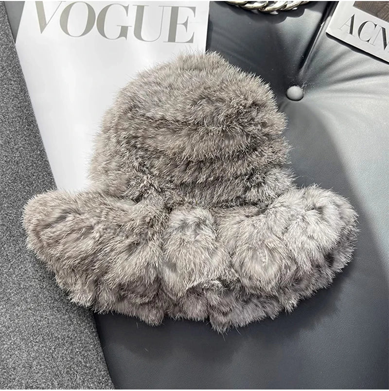 New Real Rabbit Fur Fisherman's Hat For Women Winter Warm Rabbit Fur Caps Soft Natural Rabbit Fur Hats Female Fashion Fur Cap