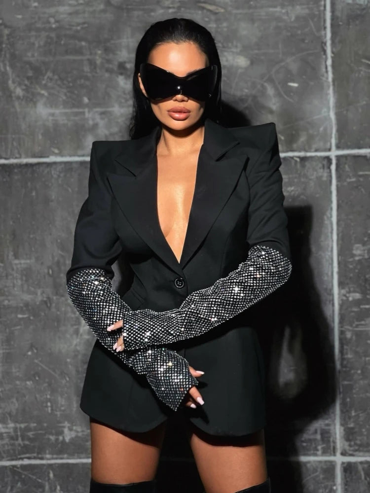 Sexy V Neck Long Sleeve Blazer With Rhinestone Sleeve Women Black Diamond Patchwork Slim Jacket Evening Party Club Cocktail Coat