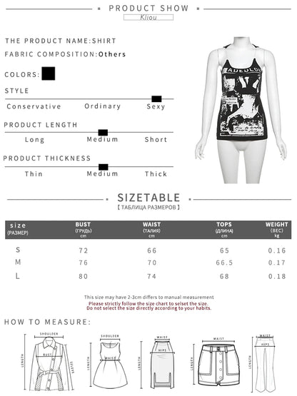 kliou Modern Printed Women Vests Vintage Sexy New Low Neck Ribbed Stretch Lengthen Tank Tops Female Trend Attractive Streetwear