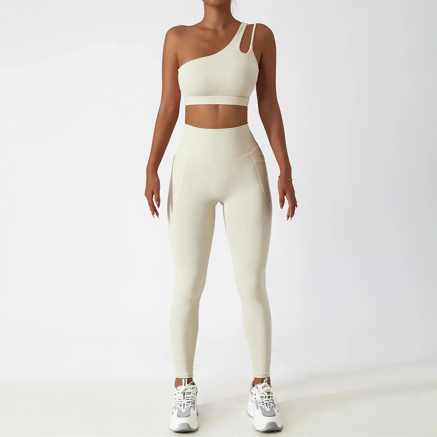 Custom LOGO High Quality One Shoulder Bra Top Pants Sports Set Environmental Friendly Women's Sportswear High Waist Sportswear