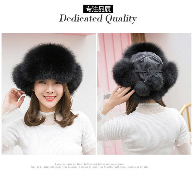 2025 100% Real Fox Fur Hats Women's Russian Ushanka Aviator Trapper Snow Skiing Hat Caps Earflap Winter Raccoon Fur Bomber Hat