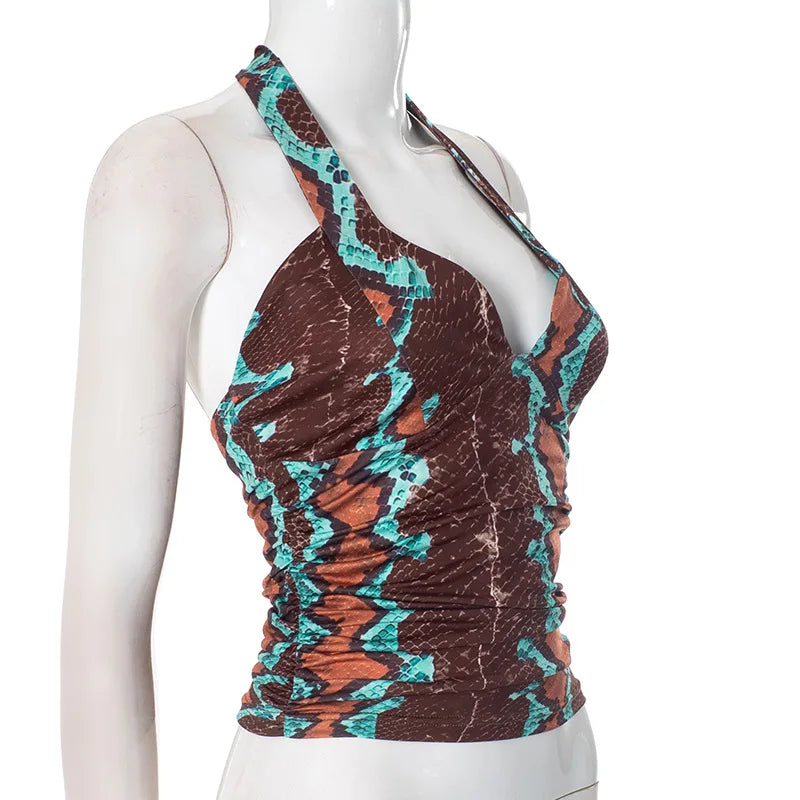 ANJAMANOR Brown Printed Crop Tops Woman Summer Clothes 2025 Sexy Lace Up Deep V Neck Backless Tanks for Womens D85-AH11
