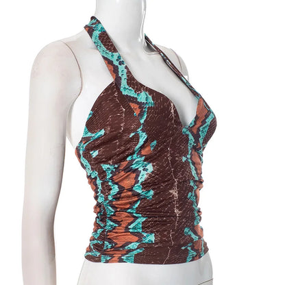 ANJAMANOR Brown Printed Crop Tops Woman Summer Clothes 2025 Sexy Lace Up Deep V Neck Backless Tanks for Womens D85-AH11