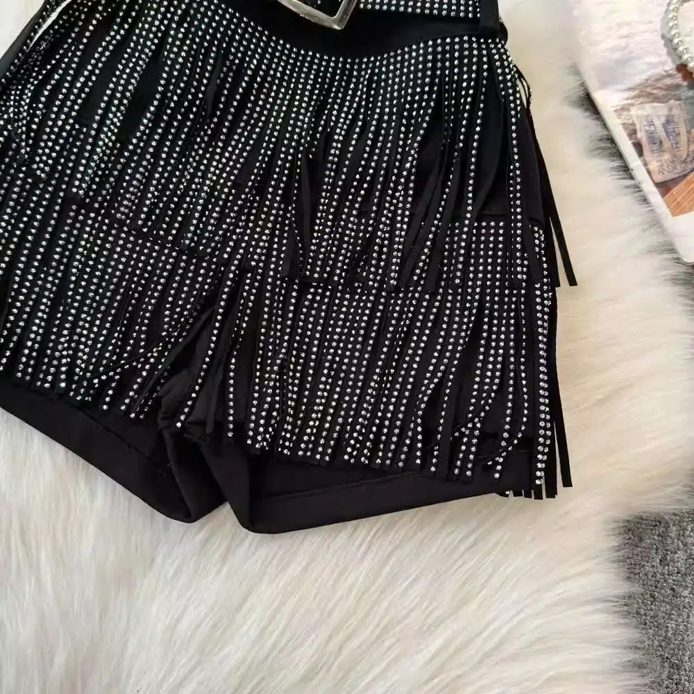 XFPV American Style Women's Shorts Summer Belt Gathered Waist Zipper Spliced Beading Tassel Shorts Female New Fashion 22D1803