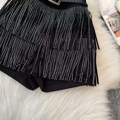 XFPV American Style Women's Shorts Summer Belt Gathered Waist Zipper Spliced Beading Tassel Shorts Female New Fashion 22D1803