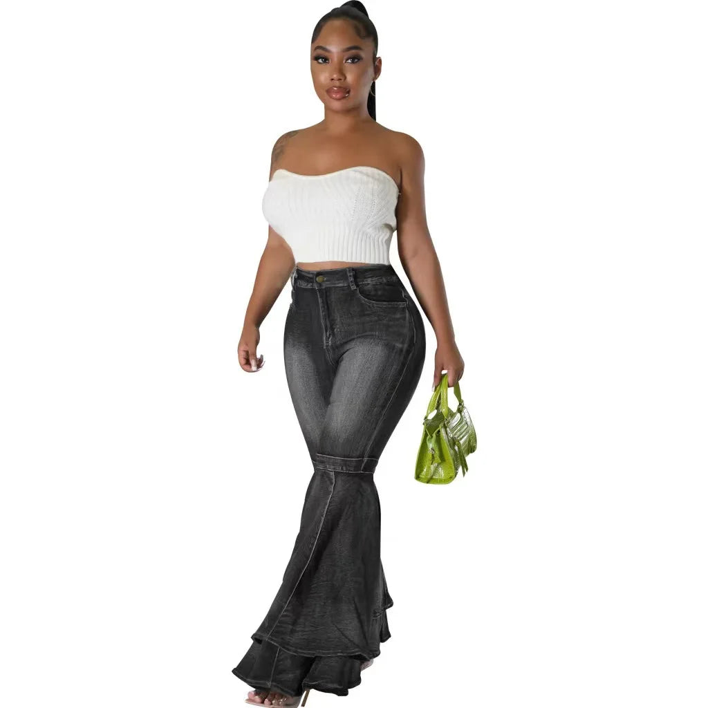 Fashion Versatile Wide Leg Washed Denim Stretch Flared Pants Women