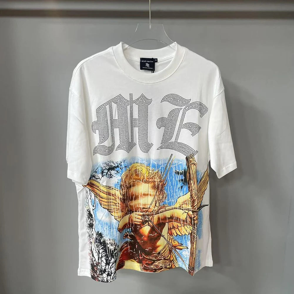New Summer Letter Rhinestone Short Sleeve Black Mens Tshirts Streetwear Cotton Loose Round Neck Top Tees Oversized Unisex Tshirt