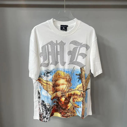 New Summer Letter Rhinestone Short Sleeve Black Mens Tshirts Streetwear Cotton Loose Round Neck Top Tees Oversized Unisex Tshirt