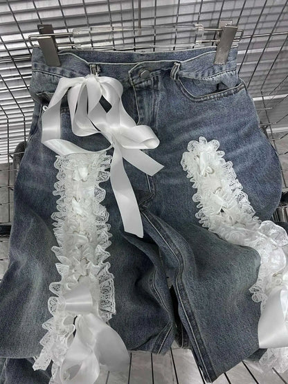DEAT Women's Fashion Retro Lace Patchwork Denim Long Pants High Waist Wide Leg Jeans Female 2024 Arrival Winter New 11A02128