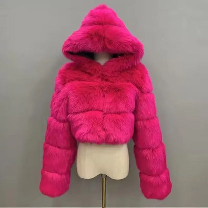 S-6XL Women Coat Autumn Winter Short Hooded Faux Fox Fur Coat Thick Warm Outerwear Fake Fur Woman Jackets Ladies Furry Coats