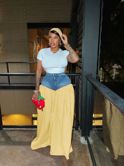 CM.YAYA Fashion Women Plaid Denim Patchwork Loose Wide Leg Jogger Pants 2025 Streetwear Active Hip Hop Sweatpants Trousers