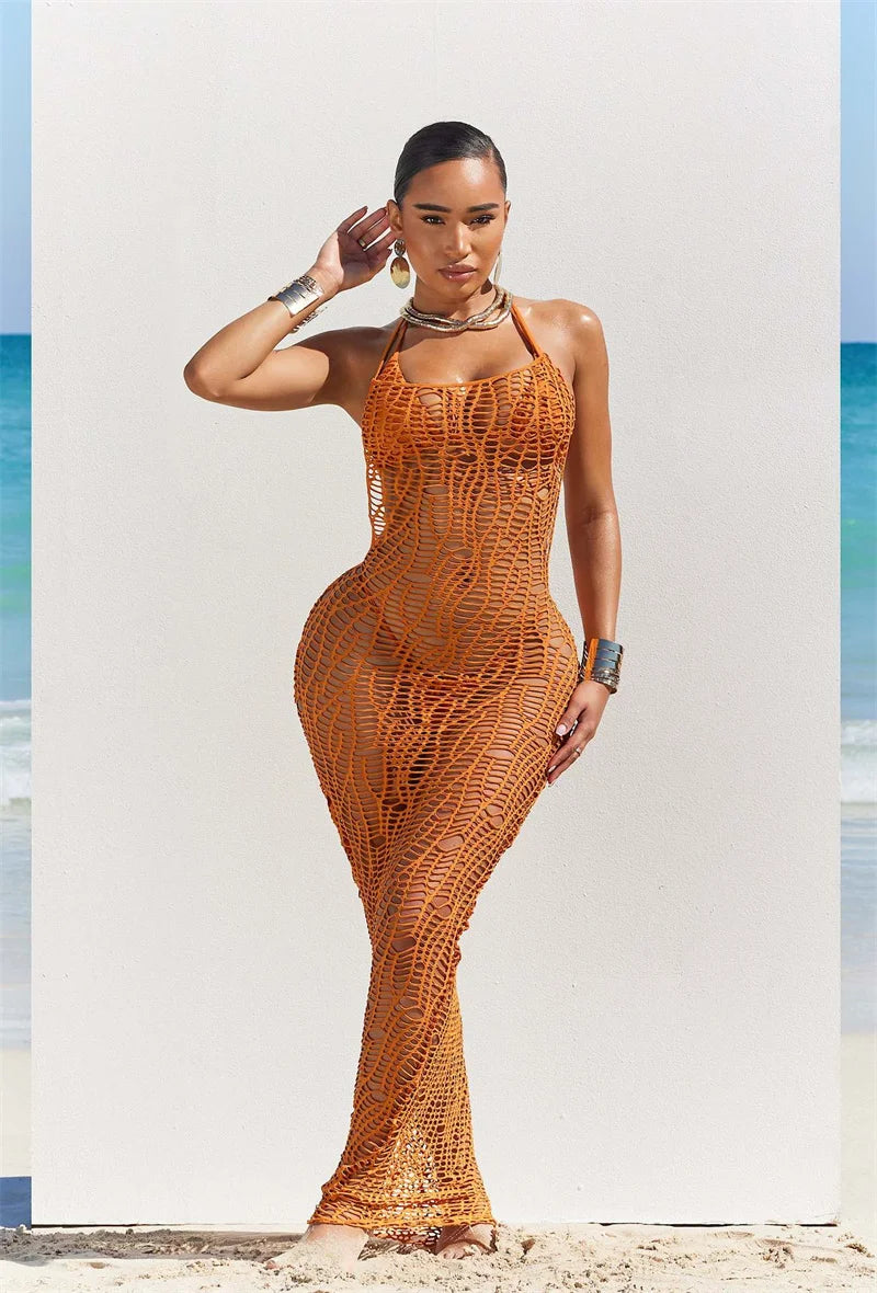 Women 3 Pieces Sexy Beach Bikini Set Backless Hollow Out Hole Knit Long Dress Cover Up+Lace Up Halter Bra Top+Underwear Swimsuit
