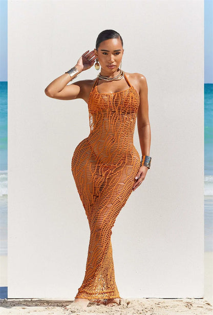 Women 3 Pieces Sexy Beach Bikini Set Backless Hollow Out Hole Knit Long Dress Cover Up+Lace Up Halter Bra Top+Underwear Swimsuit