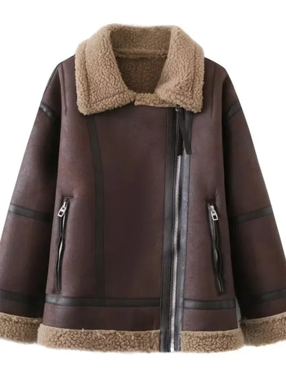 Winter Women Warm Coats Thick Faux Leather Jacket Vintage Lapel Long Sleeve Zipper Overcoat Fashion Loose Oversize Coats Female