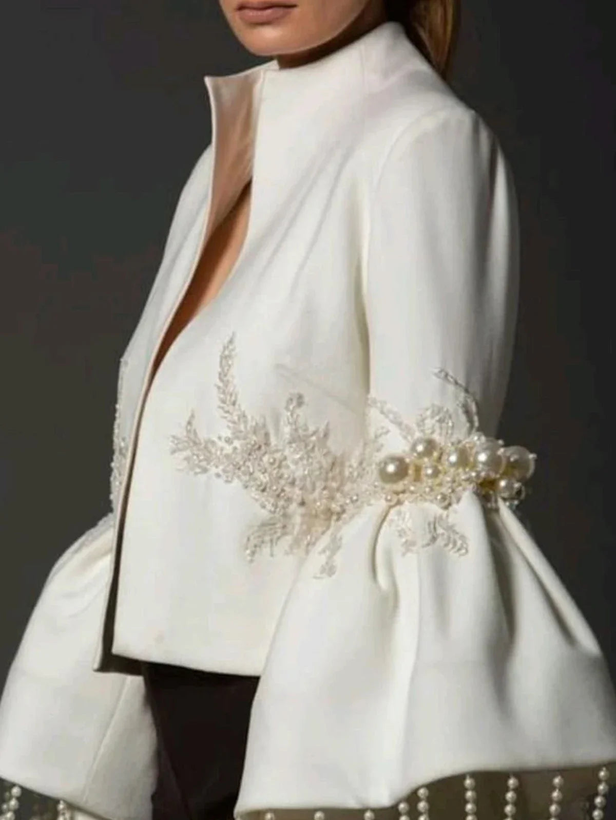Women Pearl Tassel Jacket Fashion Elegant Stand Collar Pearl Fringed Decor Embroidery Flare Sleeve Coat Autumn Winter Outwear