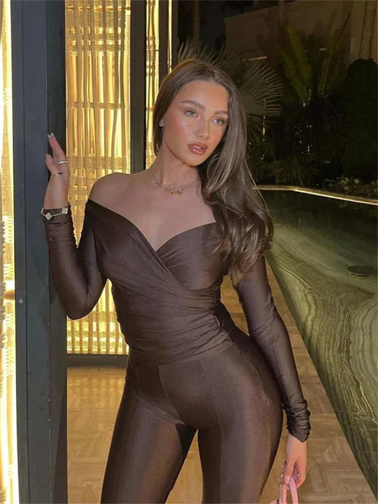 Simenual Casual Skinny Women Two Piece Set Sexy Deep V Crop Tops High Waist Pants Cyber Y2K Outfits Slim Co Ord Suits Streetwear