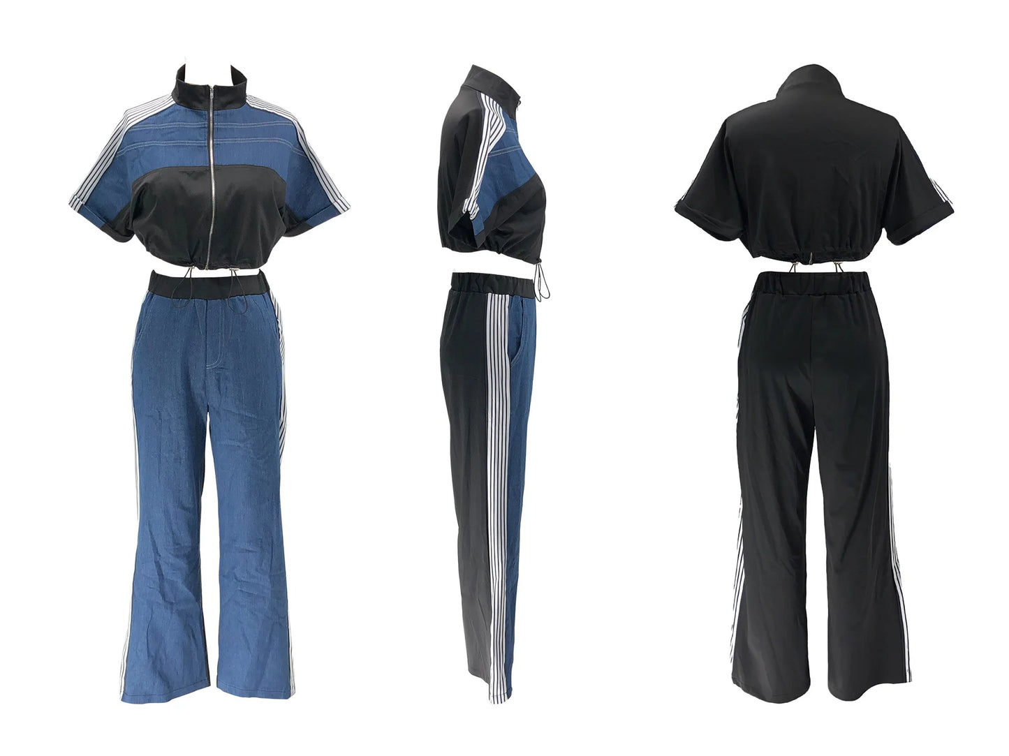 Pant Set Women Two Piece Sets Denim Matching Sets Jogger Tracksuit Matching Sets Zipper Tops Wide Leg Long Pants Elastic Waist