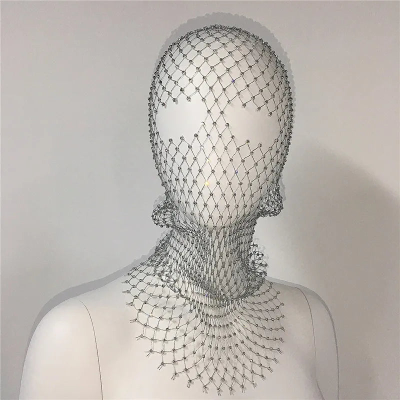 Women Balaclava Elastic Rhinestone Turban Ladies Shining Fishnet Headhood Club Rave Party Head Mask Diamond Headwrap Headcover
