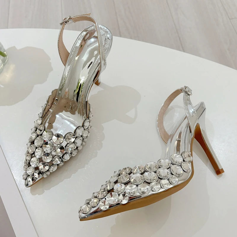 Liyke Elegant Pointed Toe Slingback Stiletto Sandals Crystal Diamonds Women Pumps High Heels Wedding Prom Shoes Zapatos Mujer