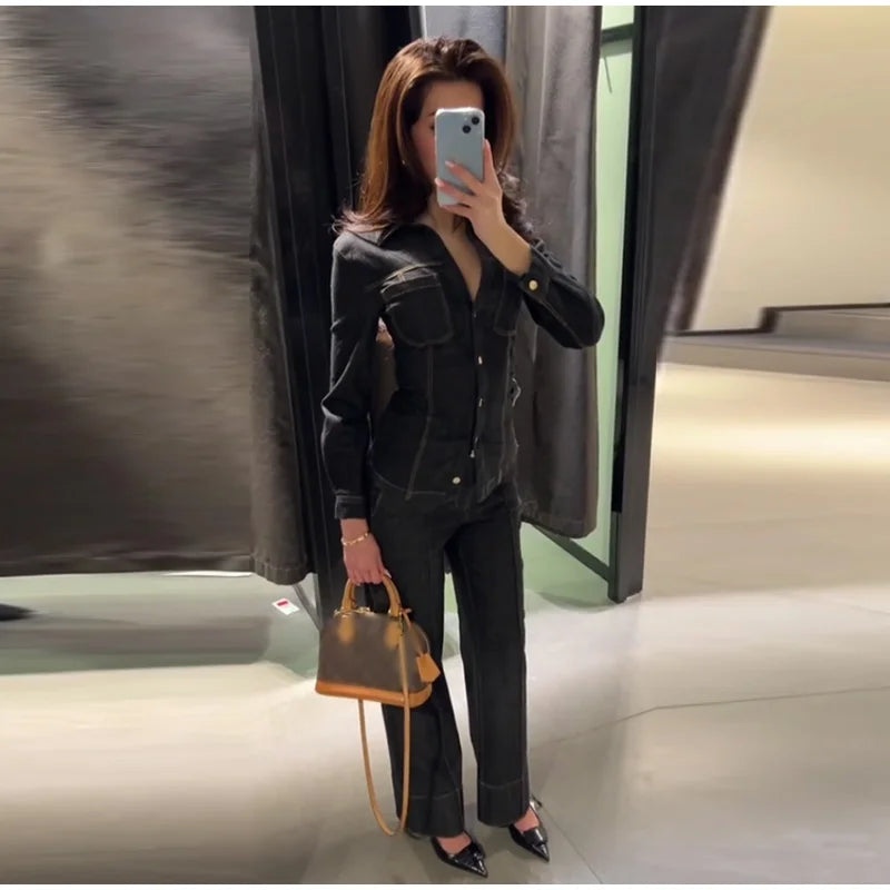 Street Vintage Denim Pants Sets Women Slim Long Sleeve Lapel Single Breasted Jacket Straight Trousers 2025 Spring Lady Outfits