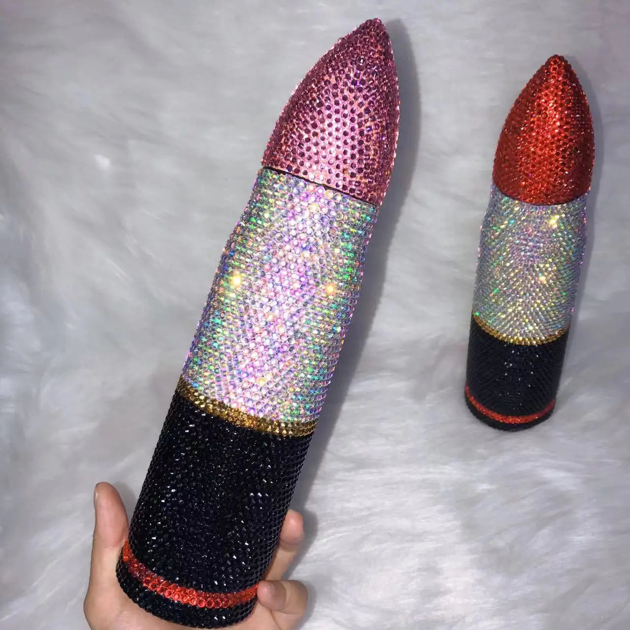 Bling Lipstick Tumbler Customize Name Logo Rhinestone Thermos Cup 17oz Lipstick Shape Stainless Steel Water Bottle Coffee Mugs