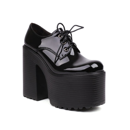 Ultra High Waterproof Platform Shiny Patent Leather Lace Up Women's Pumps Breathable Lining Thick Heels Punk Trendy High Heels