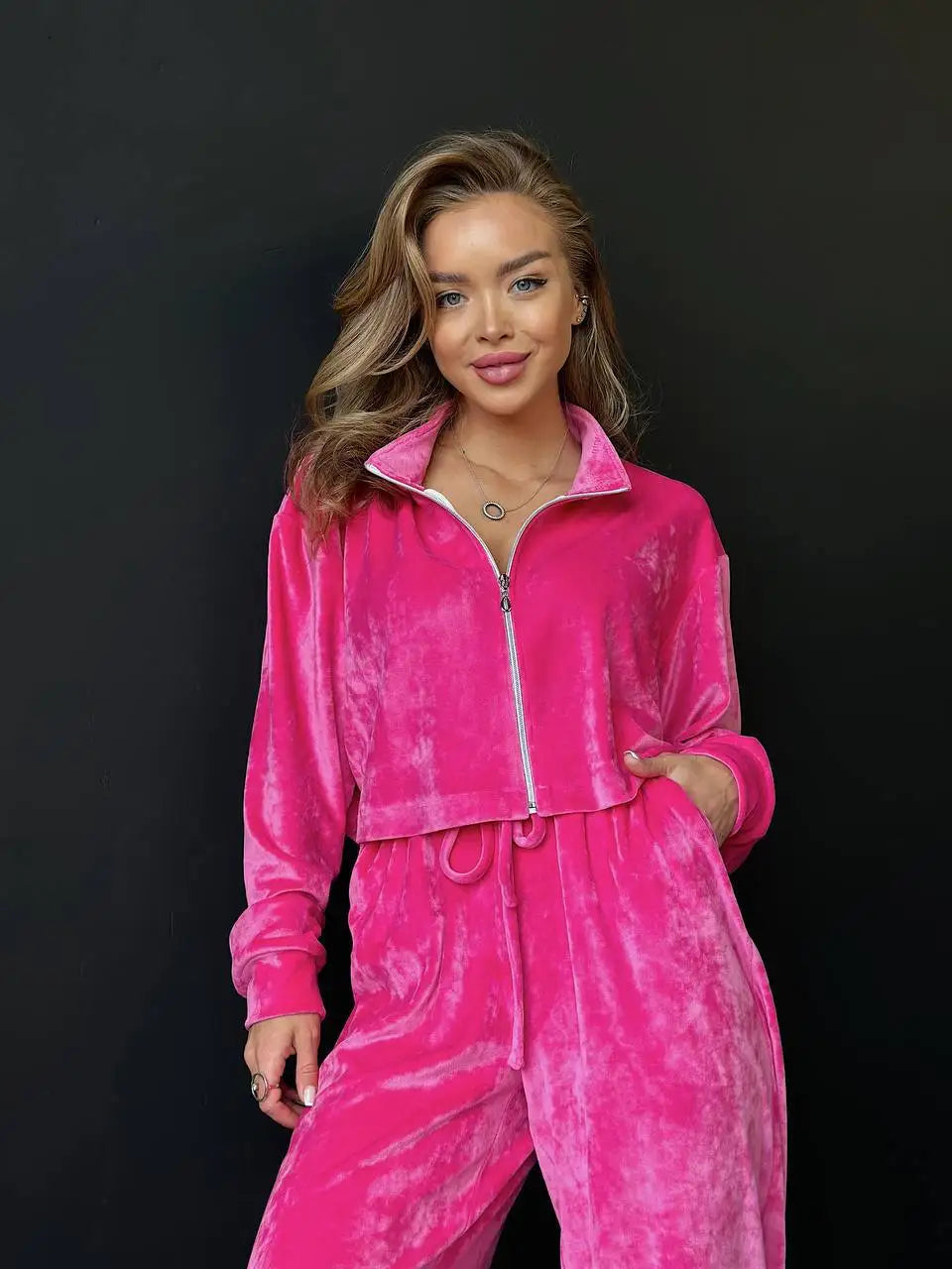 Autumn And Winter Long-sleeved Zipper Lapel Jacket Elastic Waist Wideleg Trousers Velvet Casual Two-Piece Suit For Office Ladies