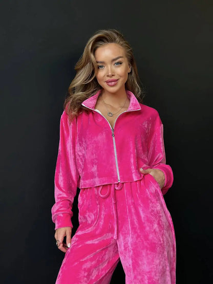Autumn And Winter Long-sleeved Zipper Lapel Jacket Elastic Waist Wideleg Trousers Velvet Casual Two-Piece Suit For Office Ladies