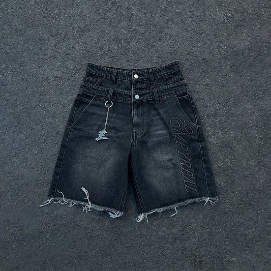 Y2K Retro Washed Shorts Distressed Embroidery Letters High Waist Design Denim Shorts Fashion Men Women Hip Hop Casual Streetwear