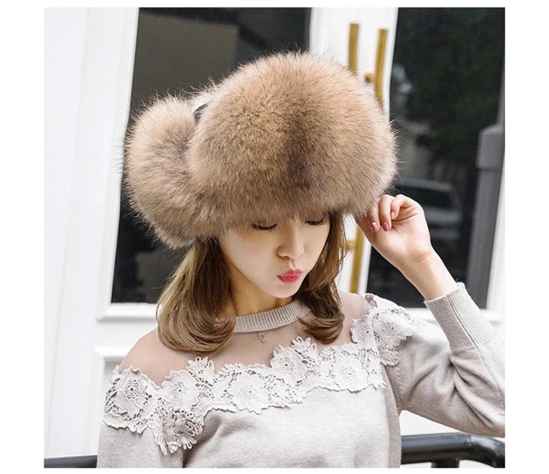 2025 100% Real Fox Fur Hats Women's Russian Ushanka Aviator Trapper Snow Skiing Hat Caps Earflap Winter Raccoon Fur Bomber Hat