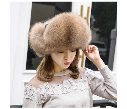 2025 100% Real Fox Fur Hats Women's Russian Ushanka Aviator Trapper Snow Skiing Hat Caps Earflap Winter Raccoon Fur Bomber Hat