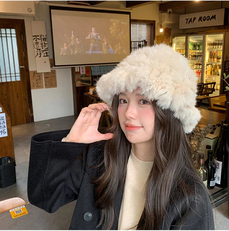 New Real Rabbit Fur Fisherman's Hat For Women Winter Warm Rabbit Fur Caps Soft Natural Rabbit Fur Hats Female Fashion Fur Cap