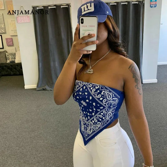 ANJAMANOR Cute Sexy Graphic Bandana Crop Top Women Clothing 2023 Summer Women Off Shoulder Backless Tank Tops D13-AI10