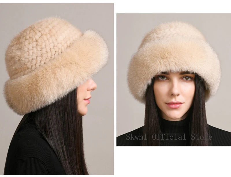 New Genuine Real Natural Knitted Mink Fur Hat Cap Luxury Women Handmade Knit Fashion Winter Headwear Warm Real Fox Fur Beanies