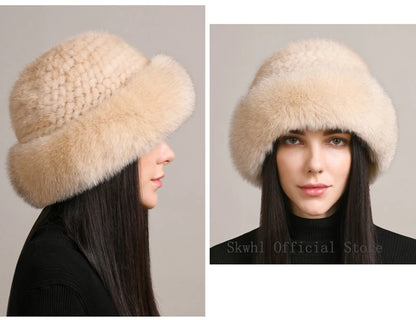 New Genuine Real Natural Knitted Mink Fur Hat Cap Luxury Women Handmade Knit Fashion Winter Headwear Warm Real Fox Fur Beanies