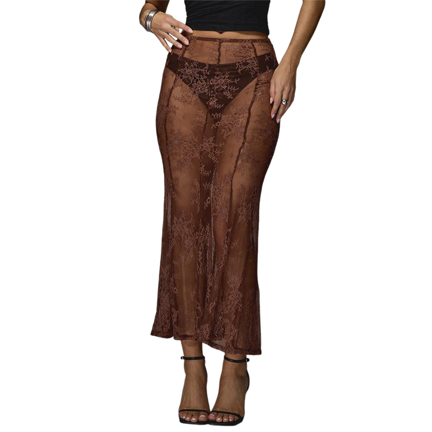 Women's Summer Sheer Lace Skirt Trendy Long Cocktail Skirt for Bar, Beach, Party
