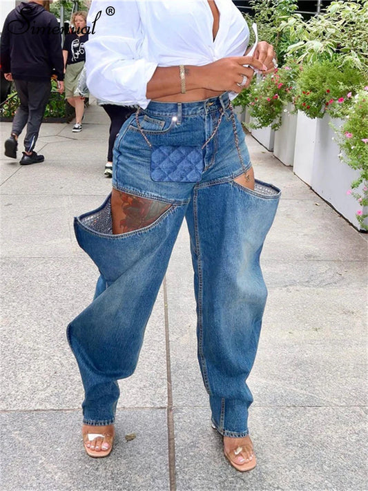 Simenual Fashion Streetwear Bottoms Punk Grunge Blue Hollow Out Loose Denim Pants Casual Y2K Rave Zip Cargo Trousers Indie Jeans