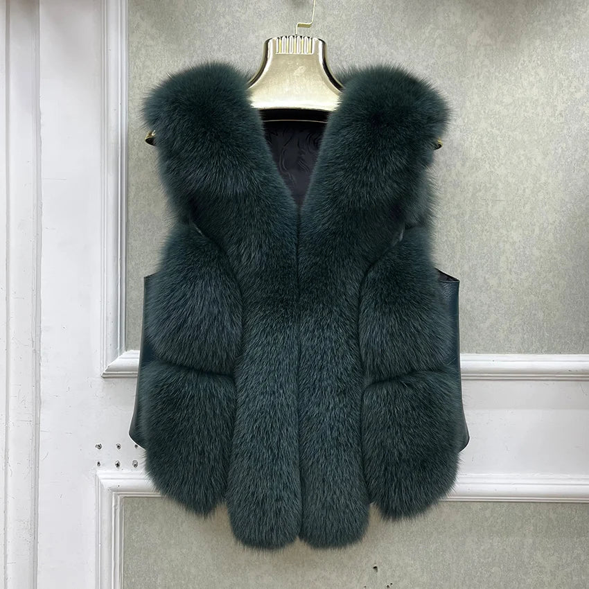 2024 New Autumn Winter Warm Women's Coat Natural Real Fox Fur Vest Thick Mid Length Waistcoat Luxury Female Jacket Streetwear