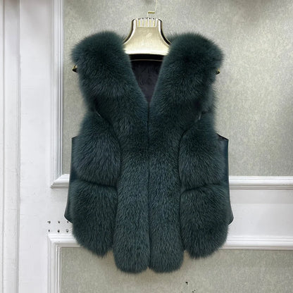 2024 New Autumn Winter Warm Women's Coat Natural Real Fox Fur Vest Thick Mid Length Waistcoat Luxury Female Jacket Streetwear