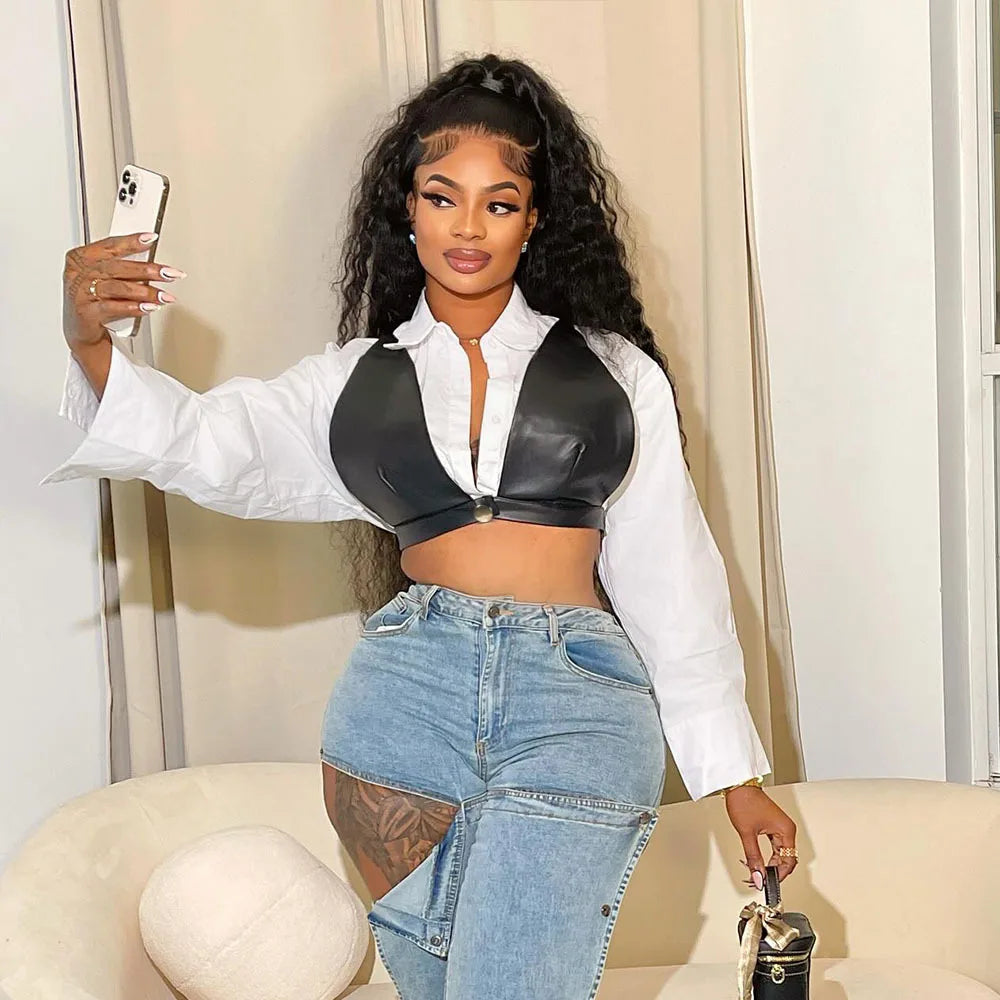 Joskaa Casual Lapel Long Sleeve Single Breasted Slim Crop White Blouses with Black Pu Bra Matching 2024 Chic Tops Streetwear