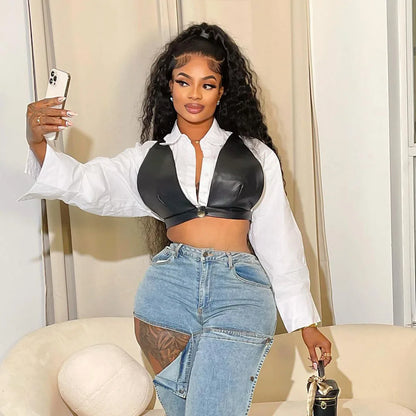 Joskaa Casual Lapel Long Sleeve Single Breasted Slim Crop White Blouses with Black Pu Bra Matching 2024 Chic Tops Streetwear
