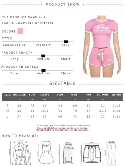 Nibber Tracksuit Letter Print 2 piece Set Women Activity Shorts Sleeve Crop Tops+Biker Shorts Matching Street Stretch Suits