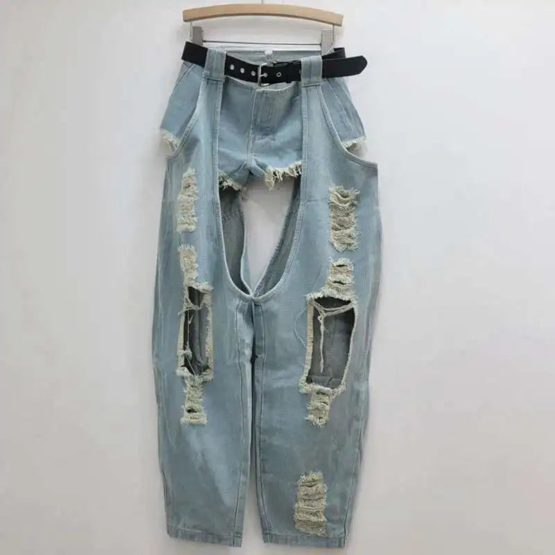 DEAT Fashion Women's Worn-out Hole Belt Denim Pants Splicing Low Waisted Shorts Two-piece Set Female 2024 Autumn New 11A01141