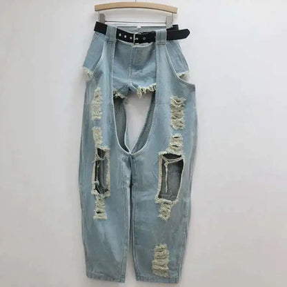 DEAT Fashion Women's Worn-out Hole Belt Denim Pants Splicing Low Waisted Shorts Two-piece Set Female 2024 Autumn New 11A01141