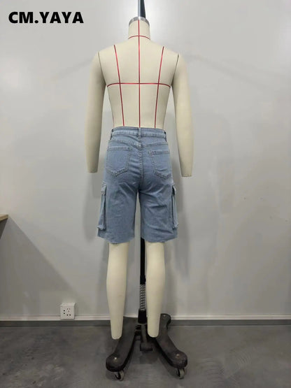 CM.YAYA Women Fashion Pocket Side Straight Knee Length Cargo Jeans 2025 Summer Party Street Short Pants